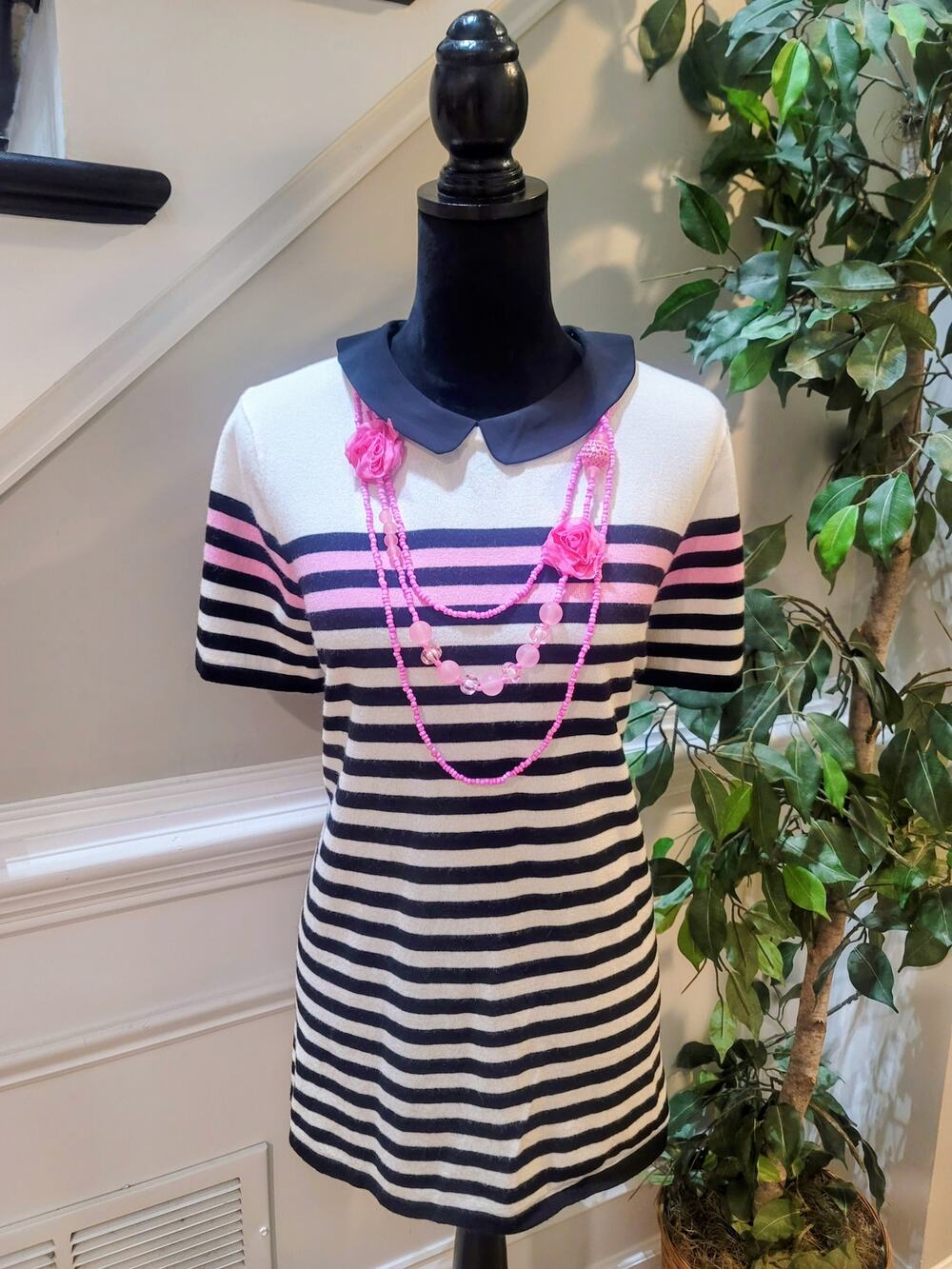 Elle Pullover Sweater Women XL White/Black Striped Peter Pan Collar Short Sleeve